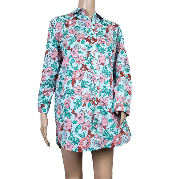 Lands' End Tops - Lands' End Women's No Iron 3/4 Sleeve Tunic Top Light Blue Lotus Floral